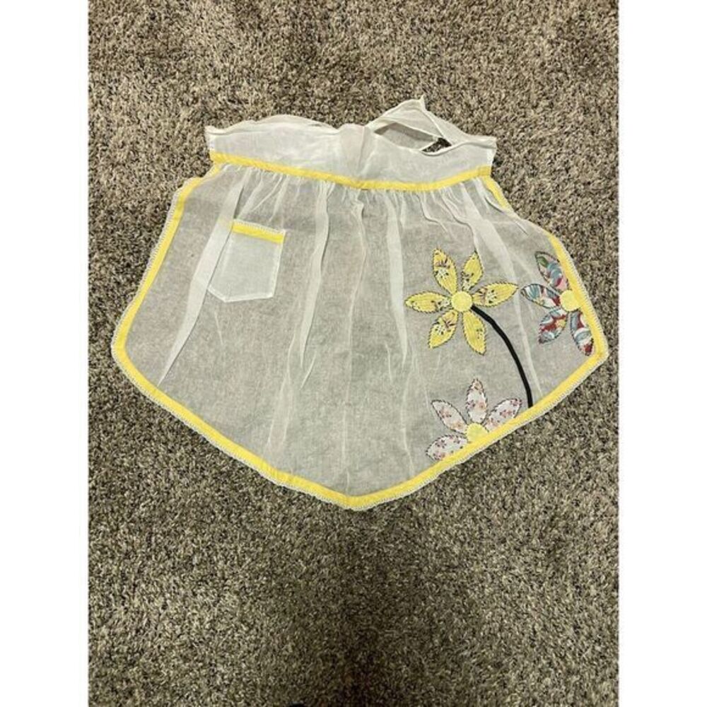 Vintage Sheer Apron Floral Embroidery‎ 16" White And Yellow